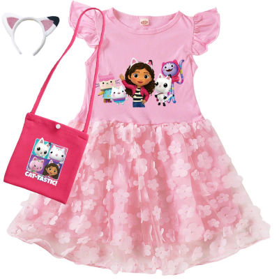 Vestidos de Gabby's Dollhouse para Niñas, Disfraz de Gabby Chat, Vestido Casual de Verano de Manga Corta para Bebés y Niñas con Bolso y Diadema