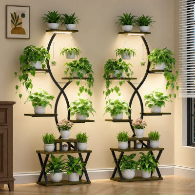 Soporte Metálico para Plantas en Forma de S de 8 Niveles con Luces de Cultivo, Estante para Plantas de Interior de 62 Pulgadas de Alto, Estante Resistente para Plantas que Ahorra Espacio para el Hogar