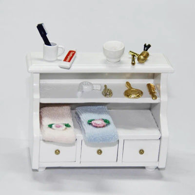 Muebles en miniatura para casa de muñecas, inodoro de madera, estante para baño, cajón, 1/12