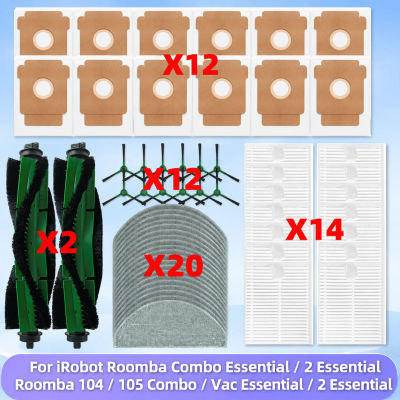 Compatible con iRobot Roomba Combo Essential / 2 Essential, Vac Essential / Vac 2 Essential, 104 / 105 Combo Piezas: Rodillo Principal, Cepillo Lateral, Bolsa para Polvo, Filtro, Paño de Limpieza,