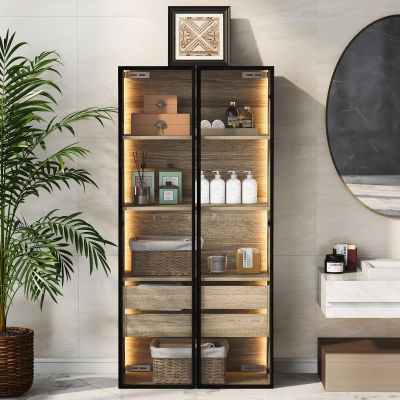 Anajqaqia Mueble de baño, Muebles de salón, con tira de luz, con 2 cajones grandes y 2 puertas de cristal, 74×36×155 cm