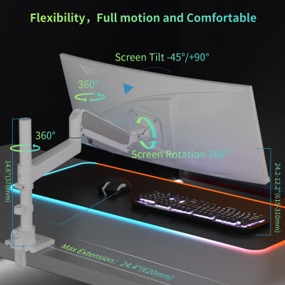 Brazo de monitor para 17 a 60 pulgadas, soporte de escritorio resistente totalmente ajustable, soporte de monitor compatible con 57 55 49" blanco H9