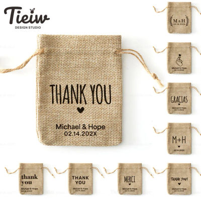Bolsas de recuerdo de agradecimiento de arpillera personalizadas para boda, pequeñas bolsas de regalo de yute ecológicas hechas a mano con cordón para fiesta, Baby Shower