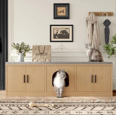 Mueble Multifuncional para Gatos de 140x40x45.5 cm con Rascador Integrado y Ventilación, Mueble para Mascotas para Pasillo y Entrada