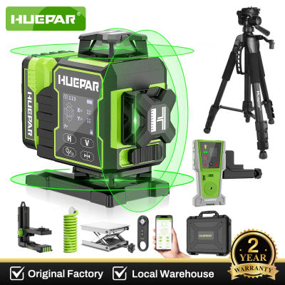 Huepar W04CG Nivel Láser Autonivelante 4x360 ° Herramienta niveladora láser verde Bluetooth 4D con base giratoria eléctrica pantalla LCD grande