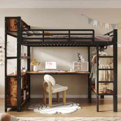 Cama alta tipo loft de 90 x 200 cm con escritorio integrado, barra para colgar ropa, estantes abiertos y compartimentos de almacenamiento cerrados, cama individual que ahorra espacio, muebles