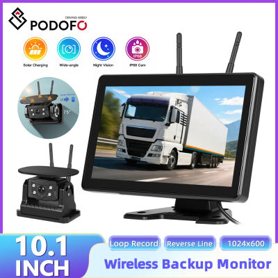 Podofo Monitor de Visión Trasera para Auto con Pantalla IPS HD de 10.1 Pulgadas + Cámara de Reversa Solar Inalámbrica con Función de Grabación, Cámara de Reversa de 720P