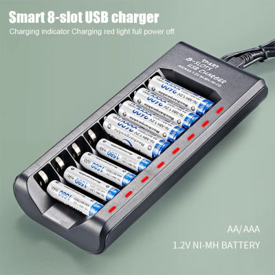 Cargador de batería recargable, salida USB, 8 ranuras, carga rápida, protección contra cortocircuitos para cargador de baterías NiMH AAA/AA de 1,2 V