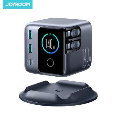 Cargador de escritorio Joyroom 140W GaN con cables retráctiles USB C y USB A, cargador rápido con pantalla inteligente para teléfonos, portátiles y tabletas
