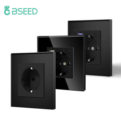 Enchufe de Pared BSEED con Marco de Vidrio Negro, Cargador de Teléfono USB C, Enchufe Individual de 16A, Estándar Europeo, 110V - 240V, Tipo C, Montaje en Pared, Negro