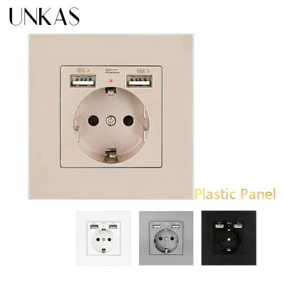 UNKAS UE España Rusia Panel de llama de plástico para PC Puerto USB dual Soporte de toma de corriente de pared gris con conexión a tierra con cargador rápido para teléfono