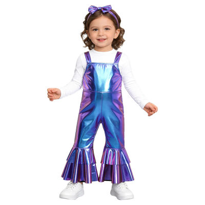Mono Brillante Metálico para Bebés Niñas, Disfraz para Fiesta Disco, Cumpleaños, Fotografía, con Tirantes Ajustables y Pantalones Acampanados, con Diadema
