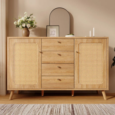 Aparador Ye con 4 cajones y 2 puertas, mueble de almacenamiento con aspecto de ratán, estantes ajustables, para sala de estar, comedor, pasillo, roble claro, 140W/40D/86H cm