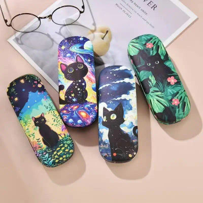 Caja de gafas negra, caja de gafas de sol portátil, estuche para gafas de gatito, almacenamiento de gafas de cabeza redonda para gafas