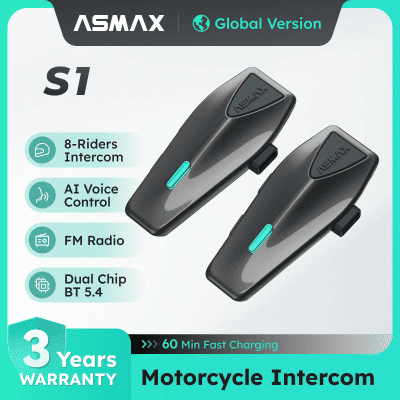 ASMAX S1 Intercomunicador Bluetooth para motocicleta con radio FM, cancelación de ruido, resistente al agua, interfono para casco de 8 conductores