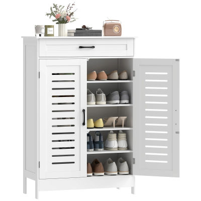 HOMCOM Mueble Zapatero, Armario para Zapatos con Cajón, Puertas de Rejilla, Estantes Ajustables, para 20 Pares de Zapatos, Zapatero para Pasillo Recibidor, 78x37x115,8 cm, Blanco