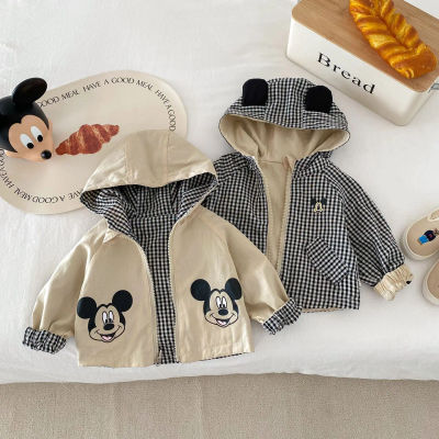 Nueva chaqueta de doble cara de Mickey Mouse para niños pequeños, abrigos para primavera y otoño, chaqueta a cuadros con capucha para bebés y niñas, prendas de vestir exteriores para niños