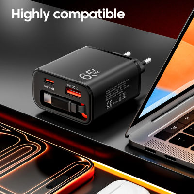 Cargador de teléfono USB de carga súper rápida de 65W con cable de carga súper rápida tipo C retráctil para iPhone Xiaomi, cargador de pared USB PD