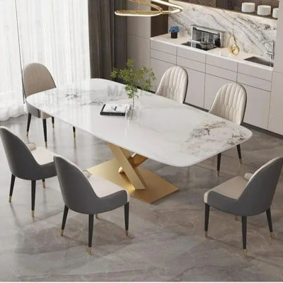 Mesa de comedor de lujo Mesa muebles para el hogar Mesa de cocina central en rectángulo escritorio de mármol consola de suelo acabado dorado 6 personas