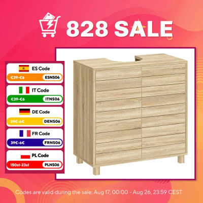HOMCOM Mueble Bajo Lavabo, Mueble de Baño con Estante Ajustable, Puertas de Listones y Apertura por Presión, para Lavabo con Pedestal o Pared, 60x30x60 cm, Natural