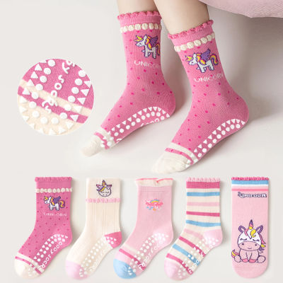 Paquete de 5 calcetines de suela punteada para niños con estampado de unicornio arcoíris y ribete de encaje, adecuados para niños y niñas, bebés y niños pequeños, calcetines de media caña con encaje y