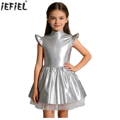 Vestido de alienígena para niñas, disfraz de astronauta de Halloween, Robot, fiesta temática del espacio exterior, tutú con volantes metálico brillante