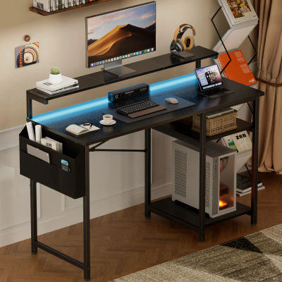 Mesa de Oficina de 100/120 cm, Escritorio para Computadora con LED y Soporte para Monitor, 2 Estantes y Bolsa de Almacenamiento, Mesa para PC para Estudio y Dormitorio