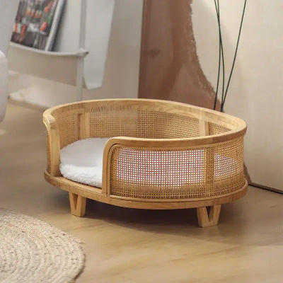 Cama para gatos estilo princesa, casa elevada para perros con Base de madera maciza, muebles tejidos Vintage para mascotas, cómoda y transpirable para gatos