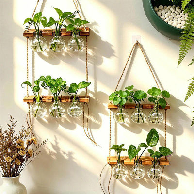 Macetero colgante de cuerda estilo bohemio de madera y ABS, florero de pared para plantas acuáticas, para decoración de pared en interiores, hogar, dormitorio, balcón