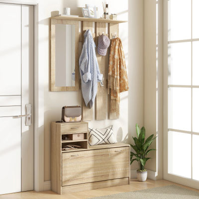 HOMCOM - Mueble de entrada 3 en 1 con perchero, espejo y banco para zapatos, 6 ganchos y estante ajustable, efecto madera natural