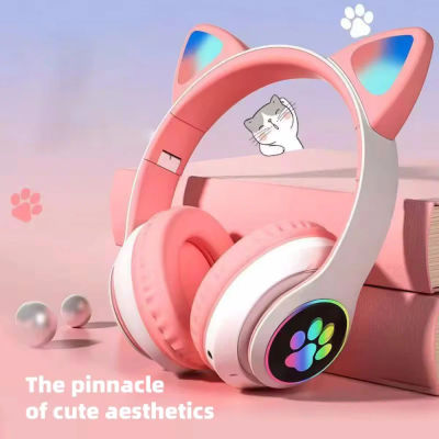 Auriculares compatibles con Bluetooth con Oreja de Gato, auriculares inalámbricos LED, auriculares deportivos plegables estéreo para niños y niñas con micrófono