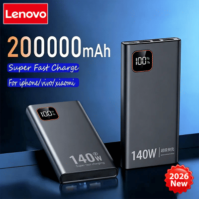 Lenovo 200000mAh 140W Ultra Capacity Power Bank Super Fast Charge Portable Battery Charger For IPhone Samsung 2026 New