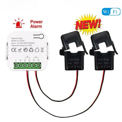 Medidor bidireccional inteligente con abrazadera de energía WiFi, alarma con zumbador para umbral, Monitor de aplicación, exportación, potencia de importación AC110V/240V