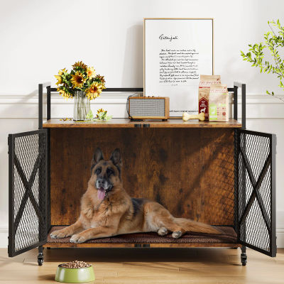 Jaula para Perros de Madera y Hierro de 37.5" con Función de Mesa, Combinación de Muebles para Mascotas y Hogar