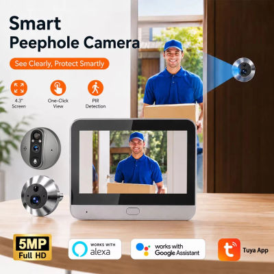 Tuya Smart 5MP 140 ° Mirilla Digital con Gran Ángulo de Visión, WiFi, Detección PIR, Timbre con Cámara para Puerta, Compatible con Alexa y Google, Monitor de 4.3 Pulgadas
