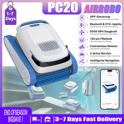 Robot Limpiafondos AiRROBO PC20, Inalámbrico con Control por App, Batería 5200mAh 2h, Navegación Inteligente, Antiatascos, Estacionamiento Automático, para Piscinas de Todo Tipo