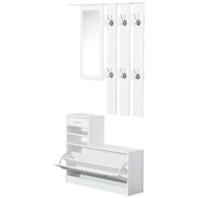 Juego de 3 muebles de entrada en 1 para guardarropa con perchero, espejo y banco para zapatos, 6 ganchos y estante ajustable, Blanco