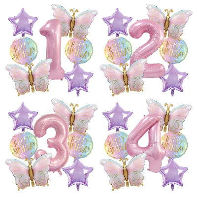 Juego combinado de 7 globos con números y mariposas rosas, perfecto para celebraciones de cumpleaños, fiestas infantiles, baby shower