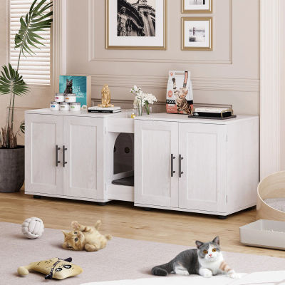 Caja de arena doble de madera para 2 gatos - Mueble oculto para arena con dos compartimentos, mueble de baño cerrado para gatos, 55” L x 17.7” W x 22.5” H, para gatos de interior