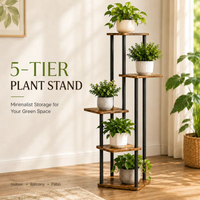 Soporte para plantas de madera y metal de 5 niveles, soporte para macetas de varios niveles resistente con almohadillas antideslizantes, estante de exhibición de estilo vintage para interiores y
