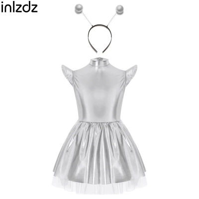 Disfraz de Astronauta Alienígena para Niñas, Vestido Tutú Metálico Brillante con Mangas Voladoras y Diadema, Disfraz de Robot para Halloween