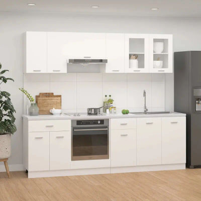 Conjunto de 8 Muebles de Cocina de Madera de Ingeniería Blanca, Conjunto Completo de Muebles de Cocina de Madera de Ingeniería, Armarios Bajos y Colgantes, Gran Espacio de Almacenamiento
