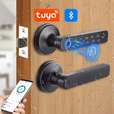 Cerradura de puerta inteligente con huella dactilar, aplicación Tuya, Bluetooth, contraseña, llave mecánica, desbloqueo NFC para puerta de madera, resistente a la lluvia IP65