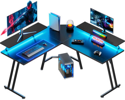 Escritorio de juegos en forma de L NEBMAAX, estación de trabajo de esquina para computadora con elevador de monitor ergonómico y desmontable, superficie de fibra de carbono, estructura de acero en