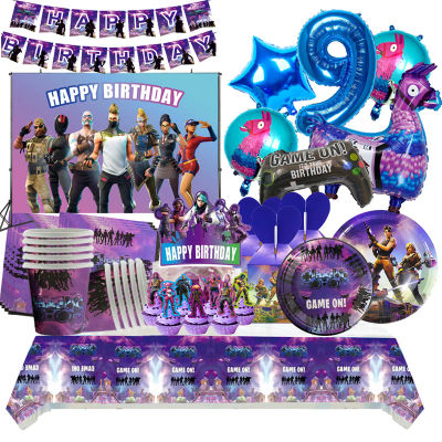 Videojuego Fortnitions decoración de fiesta de cumpleaños dibujos animados Alpaca Llama placa mantel Baby Shower niños favores suministros de fiesta