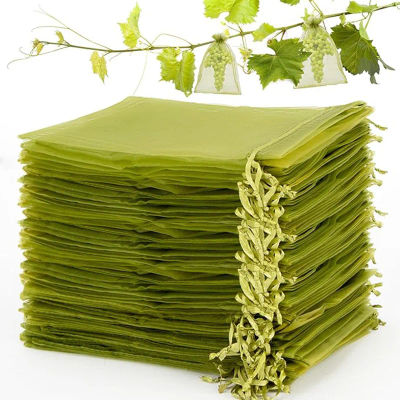 100 Uds. Bolsas de malla de frutas de organza transpirables de varios tamaños verde militar para mangos, flores, plátanos, protegen las plantas de daños