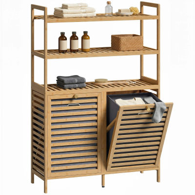 HOMCOM Mueble Ropa Sucia de Bambú con 2 Cestos para Ropa Sucia Inclinables 38,7 L y 3 Estantes 80x30x118 cm Roble