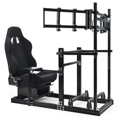 Minneer 3060&3030 Simulador de Carreras de Aluminio con Asiento Negro y Soporte para Tres Monitores, Compatible con Motores de Accionamiento Directo Logitech/Thrustmaster/Fanatec, Sin Volante, Palanca