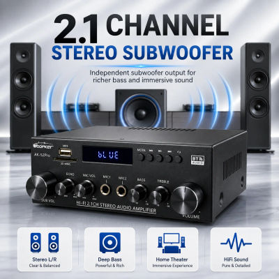 Amplificador de Audio Estéreo HiFi de 2.1 Canales Woopker AK52 Pro, Subwoofer Bluetooth con Eco, Bajos y Agudos para el Hogar, Auto y Karaoke