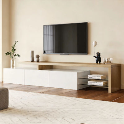 Mueble para TV con Luces LED, Mueble Bajo para TV, Aparador para Sala de Estar, 2 Divisiones de Vidrio, 3 Cajones, Blanco/Negro con Acabado Brillante